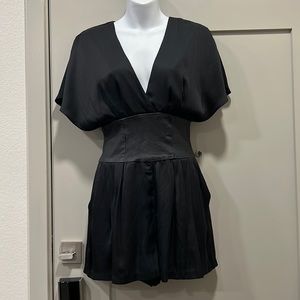 BEBE Sexy Black Leather & Satin Obie Corset Waist V-neck Romper